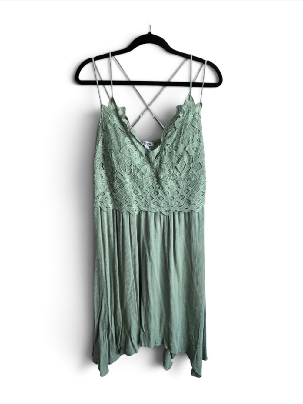 J For Justify Sage Green Boho Crochet Lace Strappy Handkerchief Mini Dress 1X
